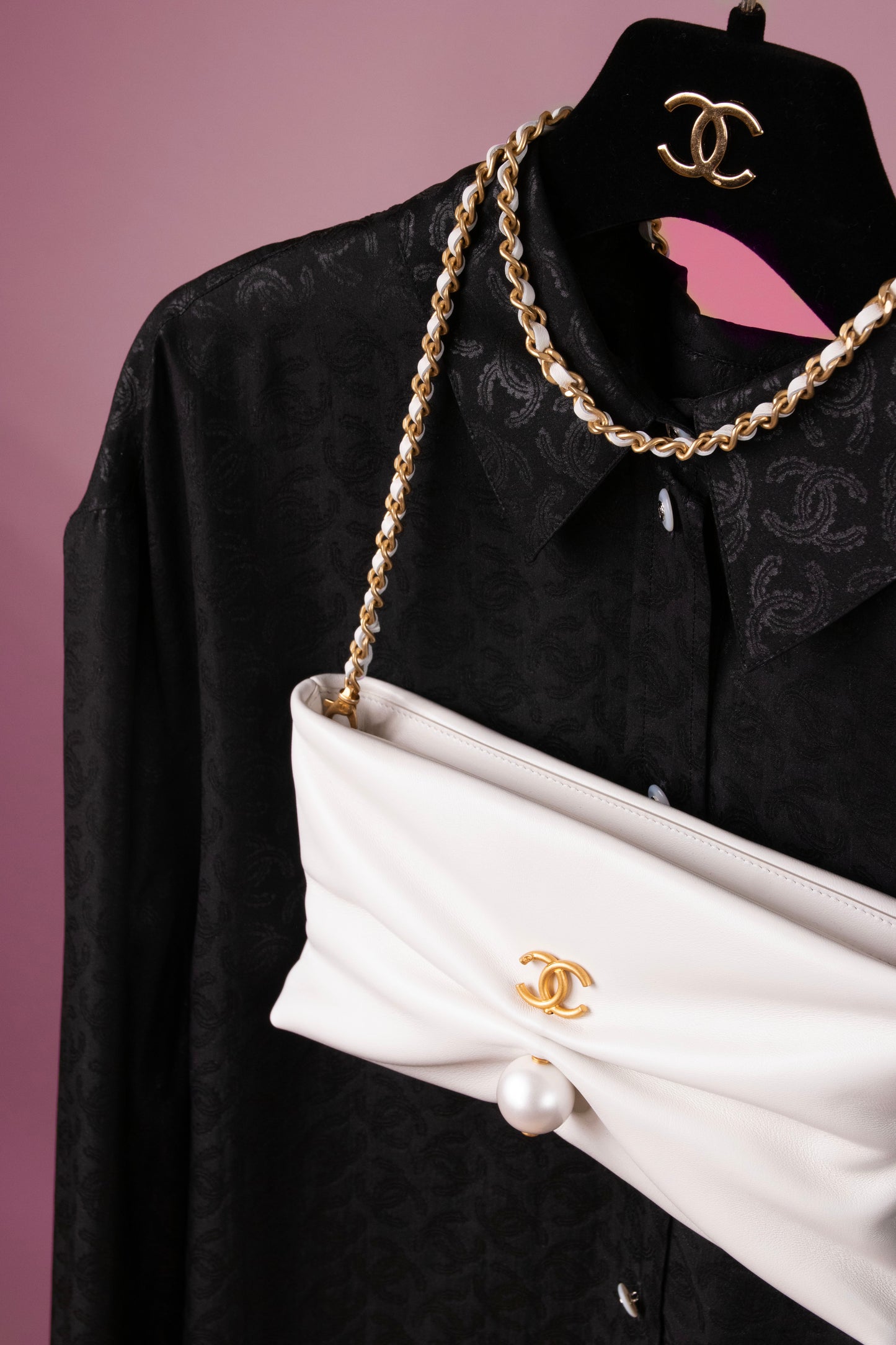 Chanel Black CC Silk Top & White Clutch with Chain