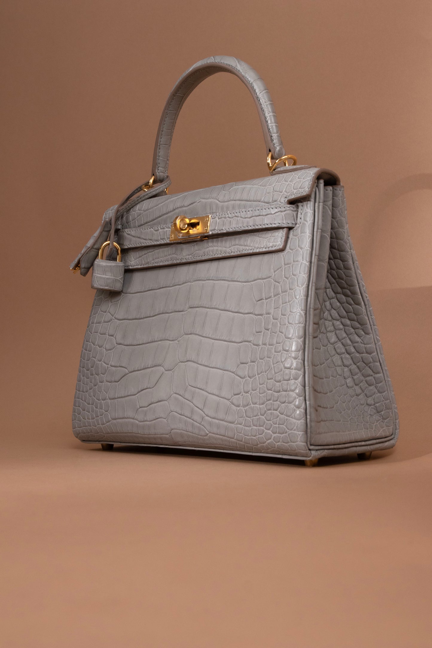 Hermès Kelly 25 Matte Alligator in Gris Perle GHW