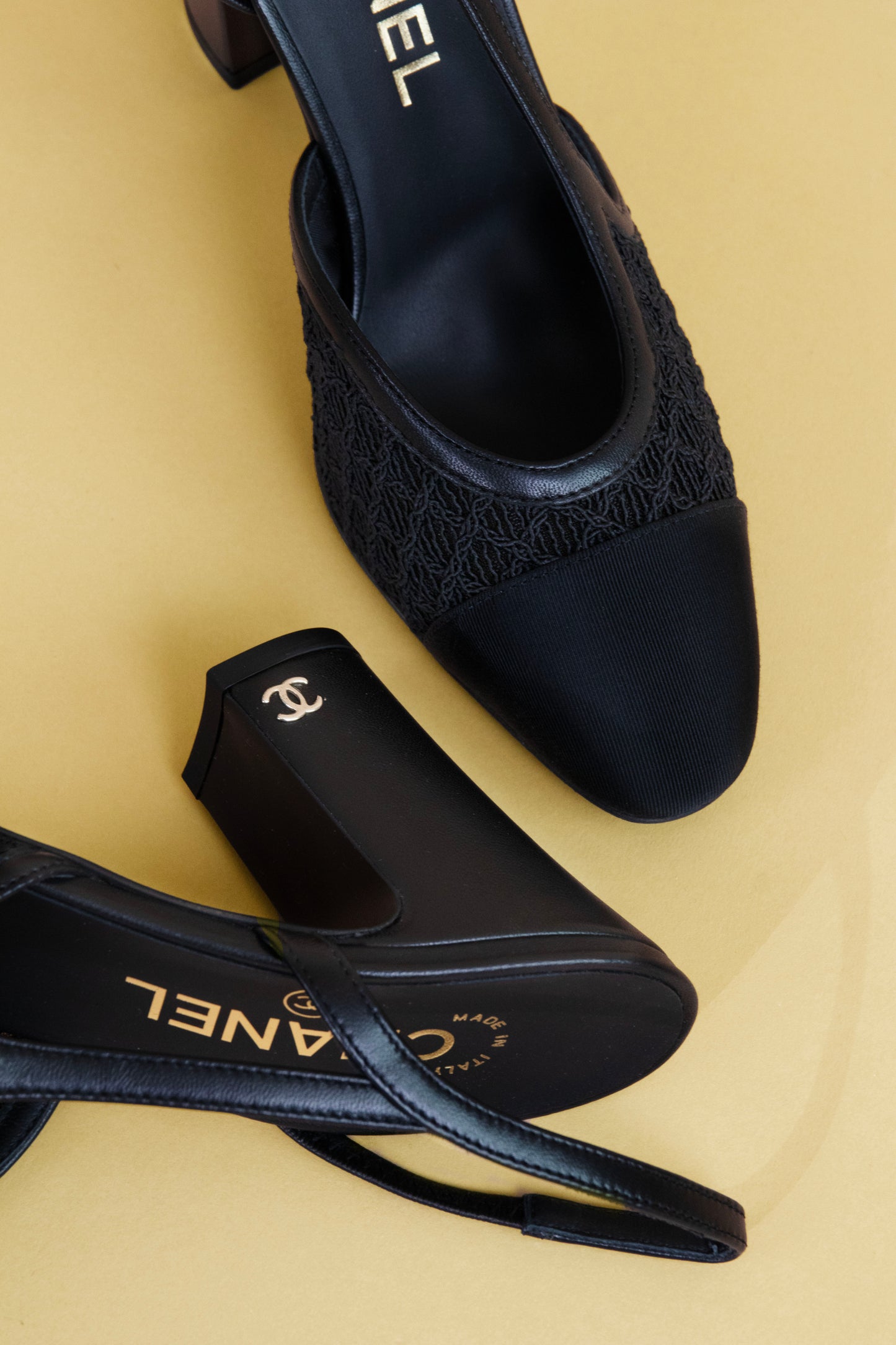 Chanel Black Embroidery & Grosgrain Slingbacks