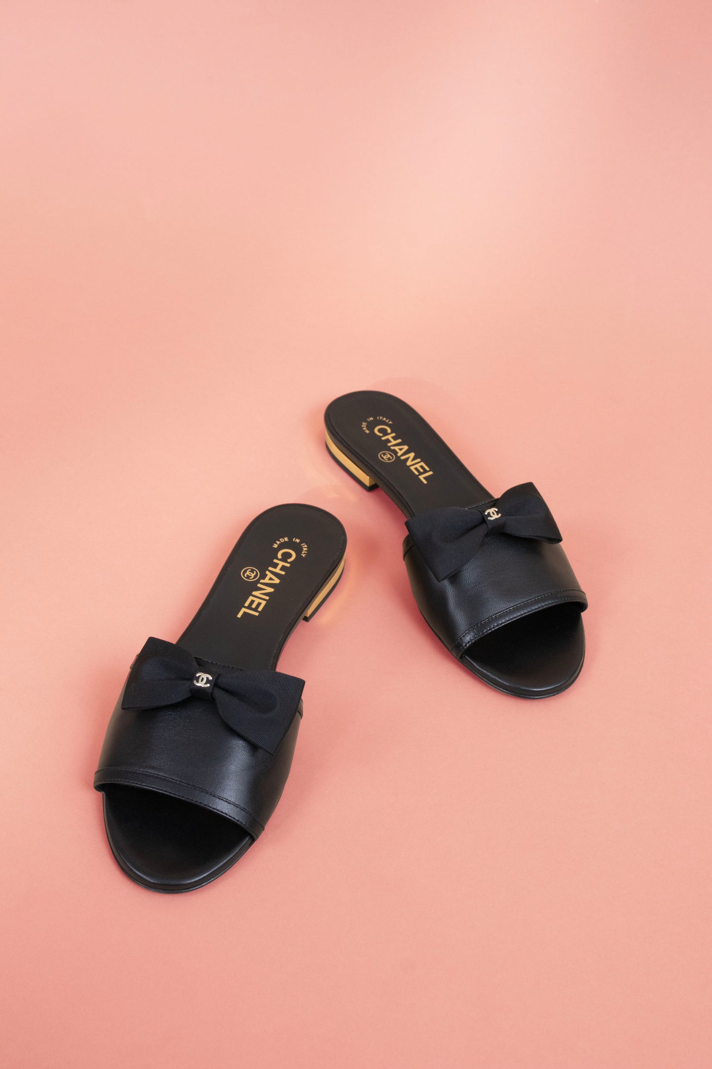 Chanel Black Bow Leather Slides