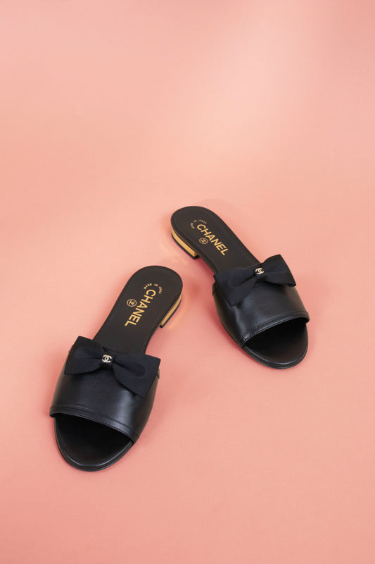 Chanel Black Bow Leather Slides