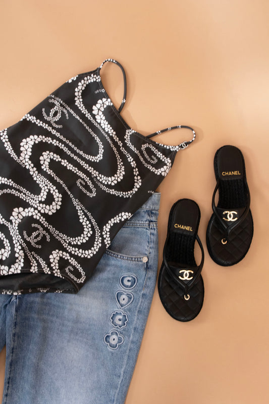 Chanel Swimsuit with Denim Jeans & Thong Sandals in Black Suede Kidskin