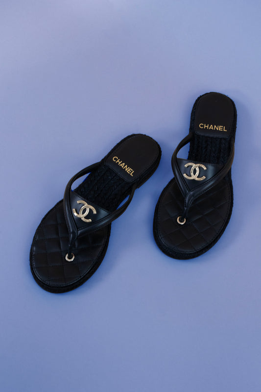 Chanel Thong Sandals in Black Suede Kidskin