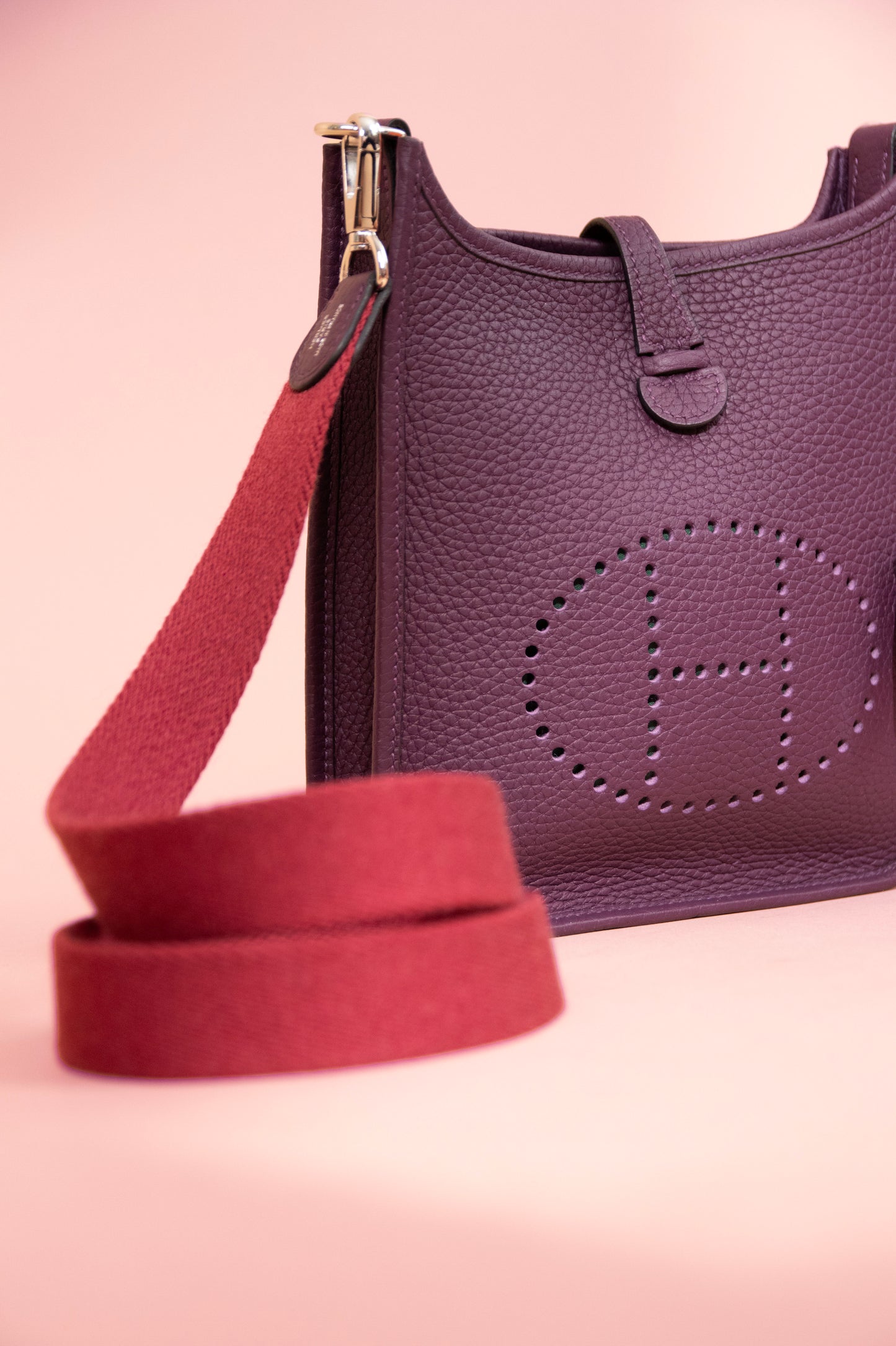 Hermès Mini Evelyne Clemence Cassis & Rouge Grenat