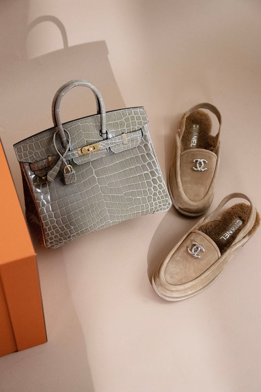 Hermès Birkin 25 Shiny Crocodile Gris Tourterelle & Chanel Suede/Shearling Loafers