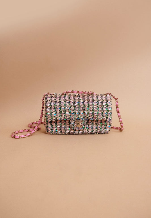 Chanel Small Sequins Flap Bag in Light Pink, Green & Yellow with Gold-Tone Metal