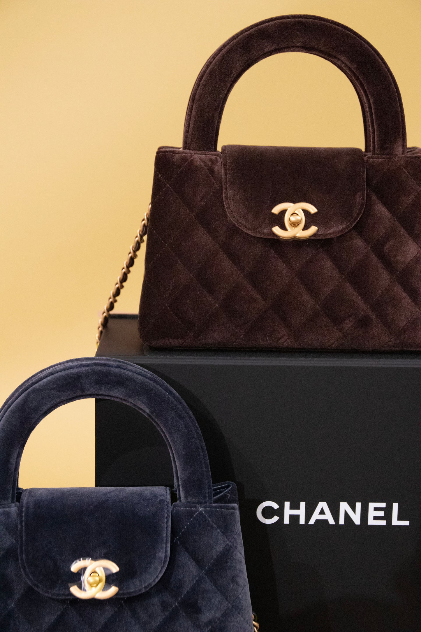 Chanel Kelly Nano Velvet Bags in Brown & Navy