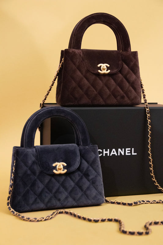 Chanel Kelly Nano Velvet Bags in Brown & Navy