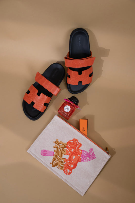 Hermès Chypre Sandals Matte Alligator in Orange Poppy & Succulent Sultan Case