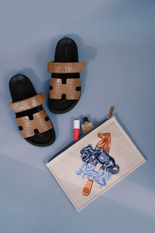Hermès Chypre Sandals in Matte Alligator Brun Fume & Succulent Sultan Case