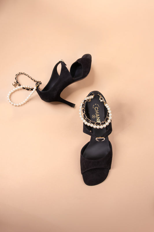 Chanel Black Sandals with Pearl Chain