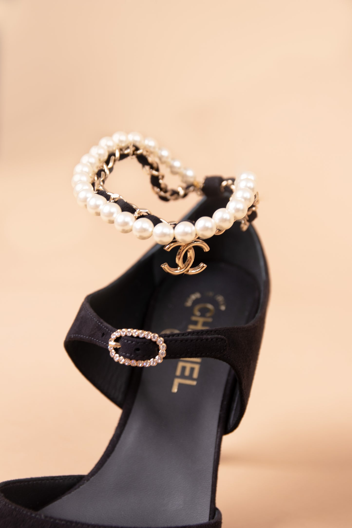 Chanel Black Sandals with Pearl Chain