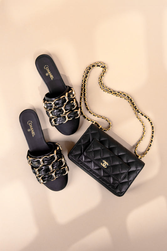 Chanel Black Chained Mules & Black Wallet on Chain