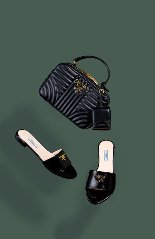 Prada Black Leather Quilted Top Handle Bag with Black/Gold Sandals