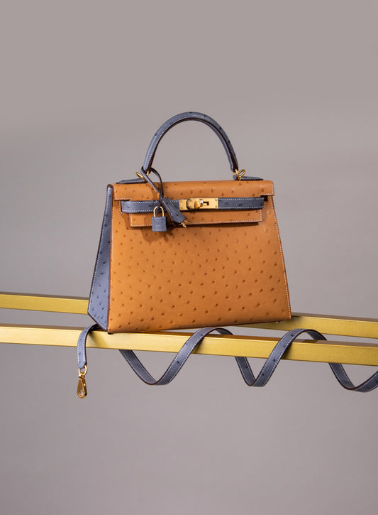 Hermès HSS Kelly 28 Ostrich in Saffron/Gris Agate GHW