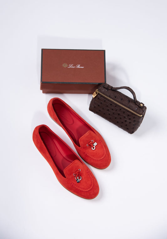 Loro Piana - Red Suede Flats and L14 Brown Ostrich Mini Pouch