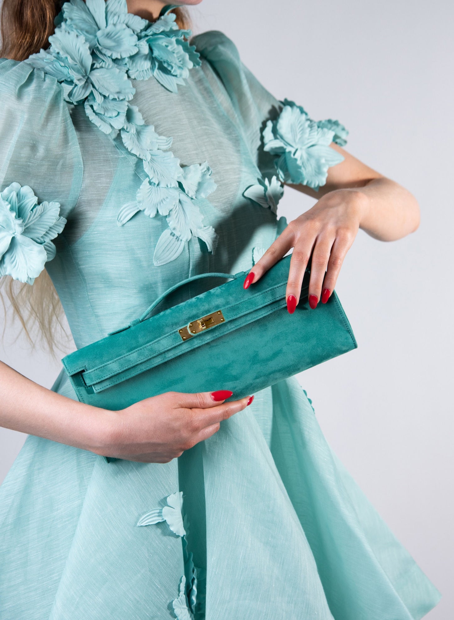 Zimmermann High Tide Lift Off Flower Mini Dress in Mint with Hermès Kelly Cut Suede Wallet in Vert Verone