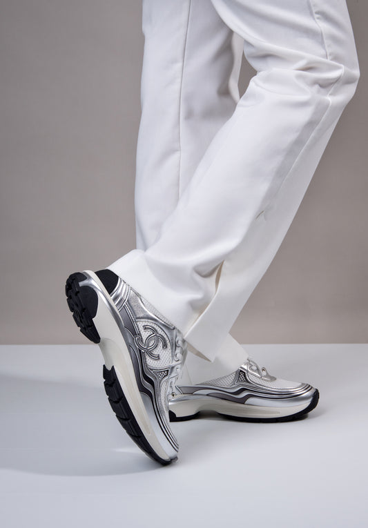 Chanel - Metallic Silver/White CC Sneakers