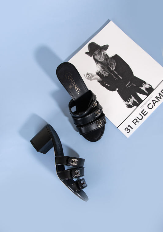 Chanel CC Logo Lock Sandals in Black