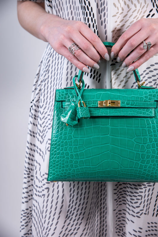 Hermès - Kelly 25 Shiny Crocodile in Vert Jade GHW