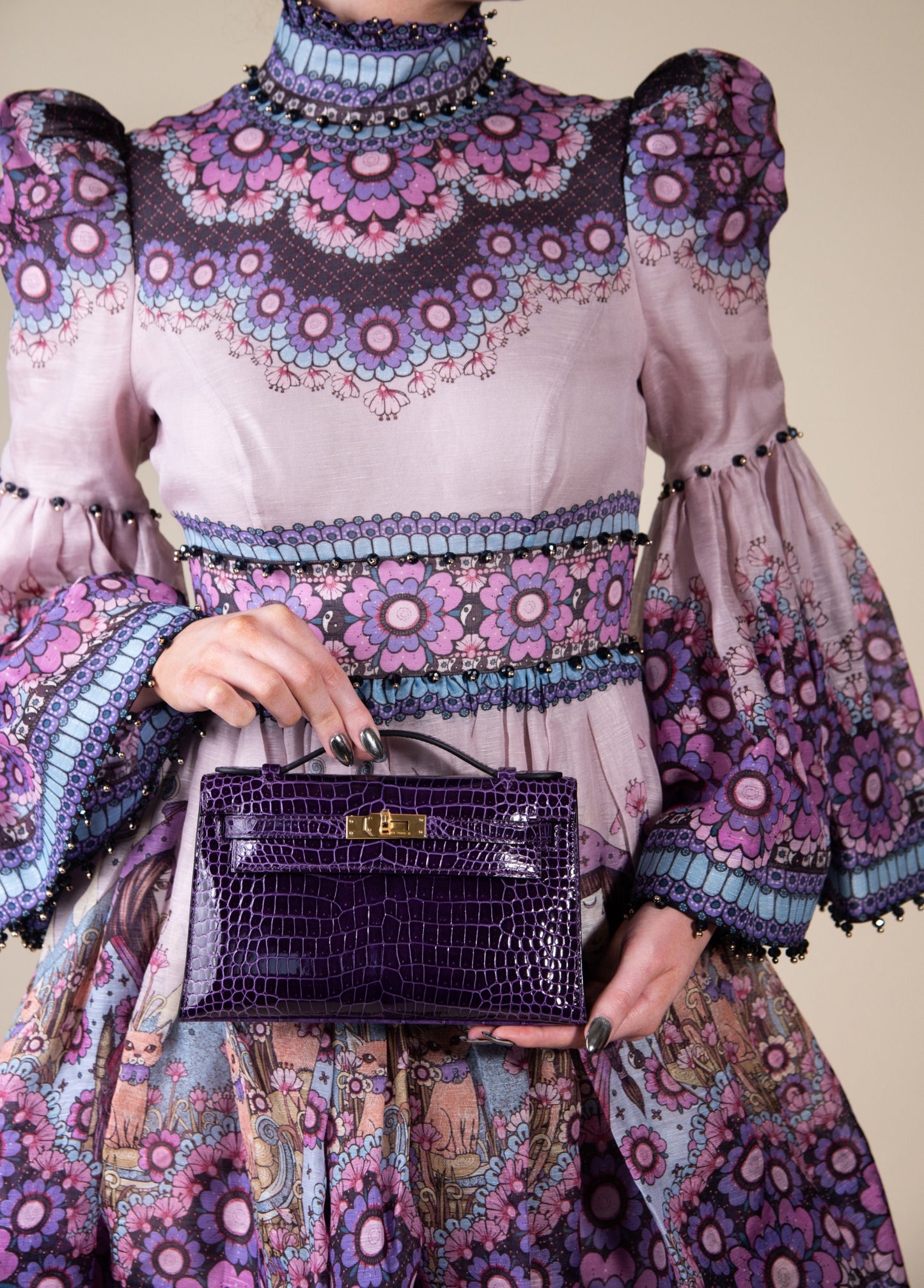 Zimmermann Celestial Bell Sleeve Mini Dress with Hermès Mini Kelly Alligator Pochette in Cassis