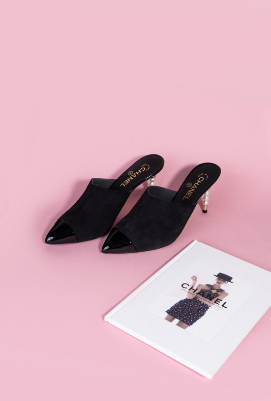 Chanel Logo Pearl Heeled Mules in Leather & Suede