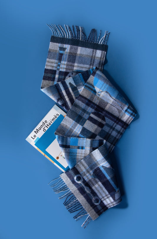 Hermès - Cashmere Tartan Check Harness Pattern Scarf in Navy
