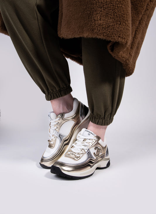 Chanel - Metallic Gold/White/Black CC Sneakers