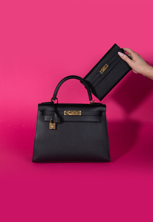 Hermès - Kelly 28 in Black Sellier & Kelly Black Long Wallet GHW