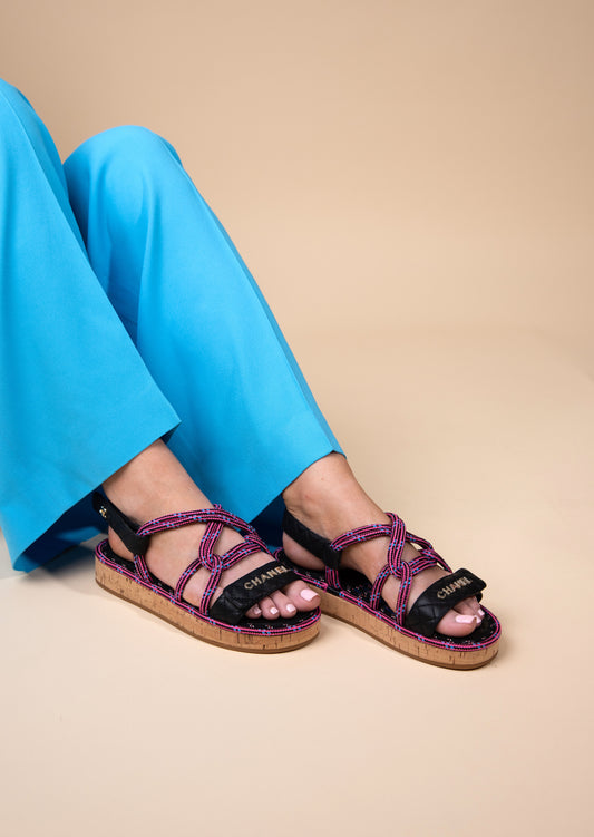 Chanel Cord Lambskin Quilted Logo Sandals in Pink/Black
