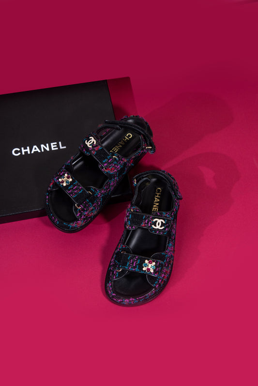Chanel - Tweed Sandals in Black/Purple