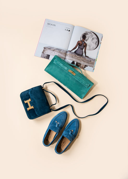 Hermès - Kelly Cut Vert Verone with Mini Constance Suede Blue Ocean & Loro Piana Summer Charms Walk Loafers