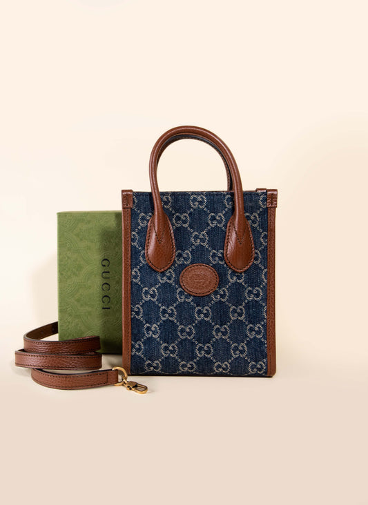 Gucci - Denim GG Monogram Mini Interlocking G Tote Bag