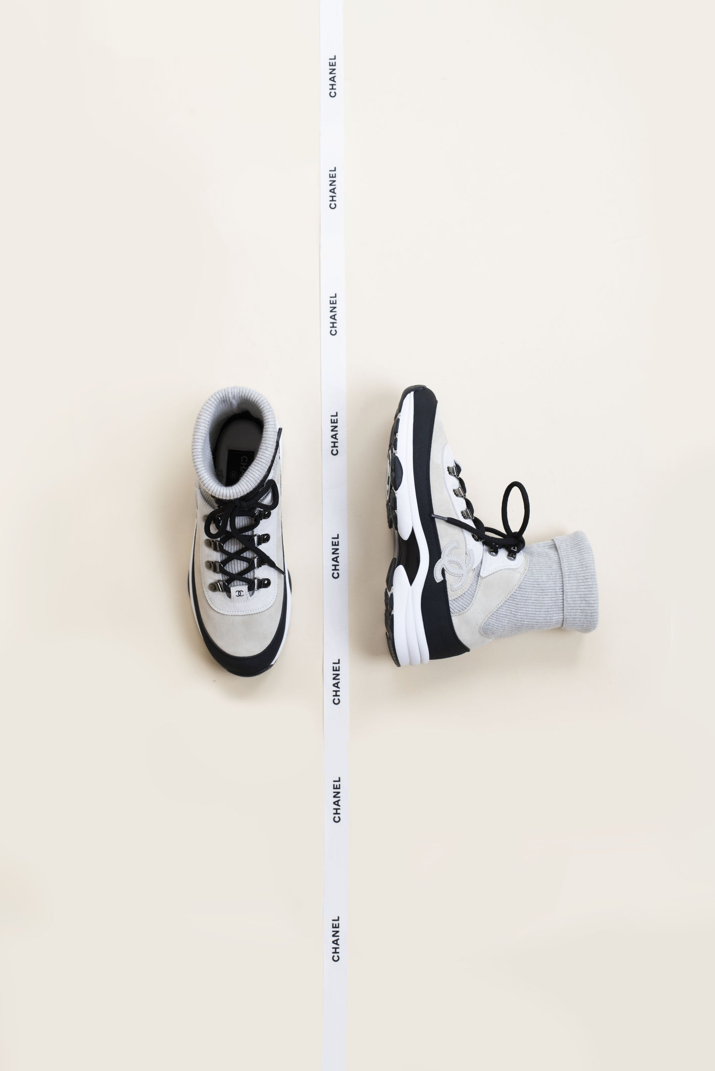 Chanel Knit Sneakers in Black/Beige/White