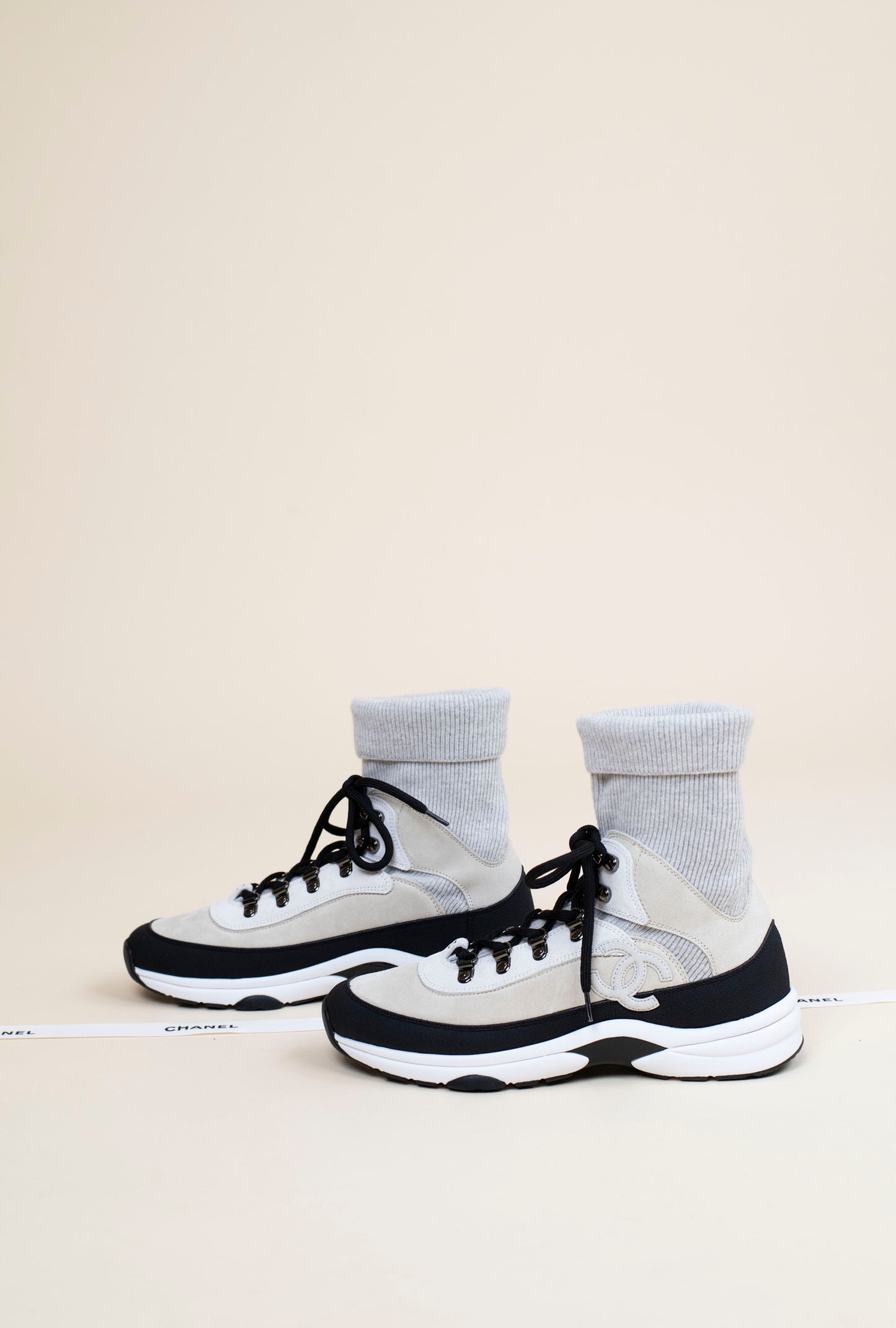 Chanel Knit Sneakers in Black/Beige/White
