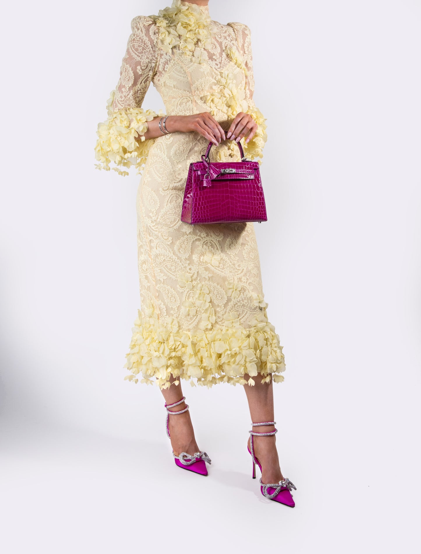 Zimmermann Lace Midi Dress in Lemon with Hermès Kelly 25 Croc in Rose Pourpre and Mach & Mach Double Bow Pointed Pumps in Fuchsia