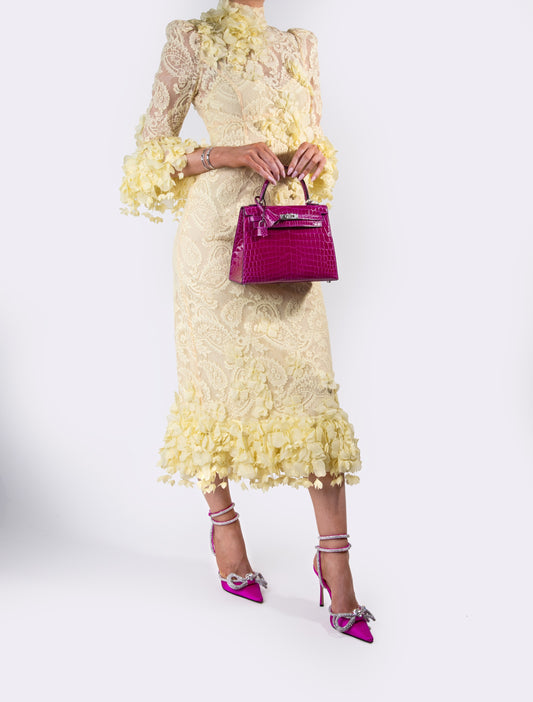 Zimmermann Lace Midi Dress in Lemon with Hermès Kelly 25 Croc in Rose Pourpre and Mach & Mach Double Bow Pointed Pumps in Fuchsia