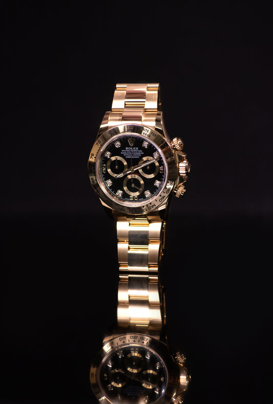 Rolex Cosmograph Daytona Yellow Gold Watch with Black Diamonds