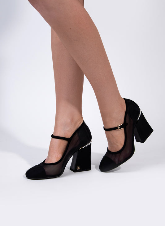 Chanel Black Open Shoes with Imitation Pearls