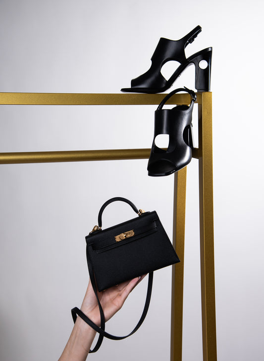 Hermès Electra 90 Black Sandals & Mini Kelly in Black Epsom GHW