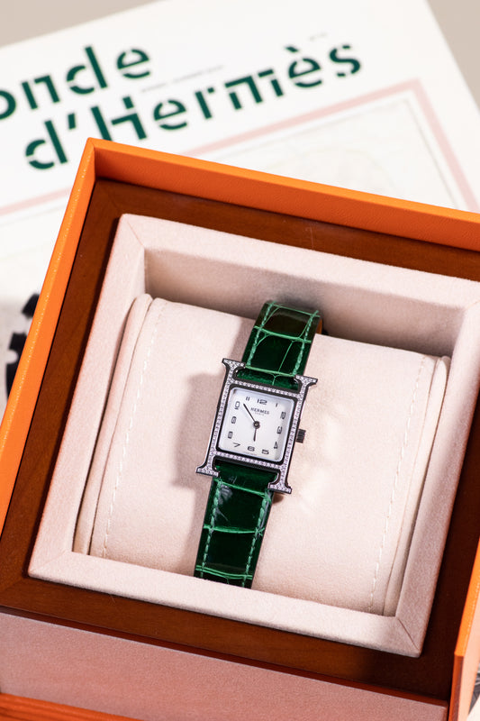 Hermès H Heure Watch with Diamonds & Green Shiny Crocodile Strap