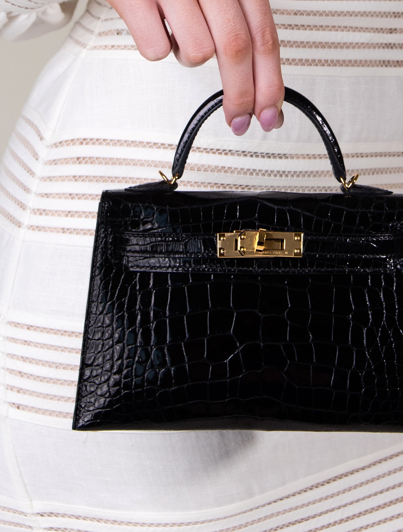 Hermès Mini Kelly Shiny Crocodile Black Bag GHW