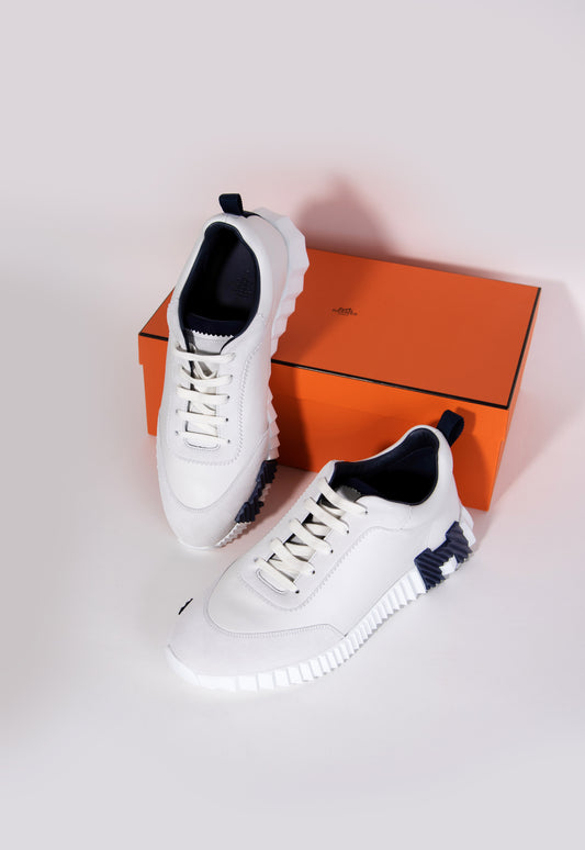 Hermès Bouncing Sneakers in White & Navy Blue H