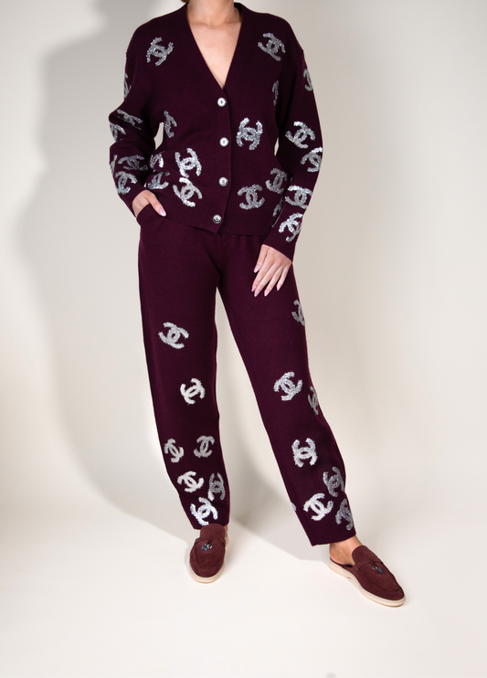Chanel Two Piece Burgundy & Silver CC Set with Loro Piana Summer On the Go Charm Loafers