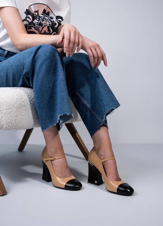 Chanel Beige & Black Open Shoes in Shiny Goatskin