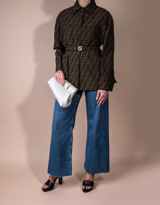 Fendi Brown Canvas Go-To Jacket with First Small White Leather Bag