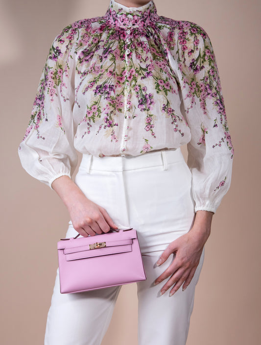 Hermès Mauve Kelly Pochette RGHW with Zimmermann Jude Floral Balloon Blouse