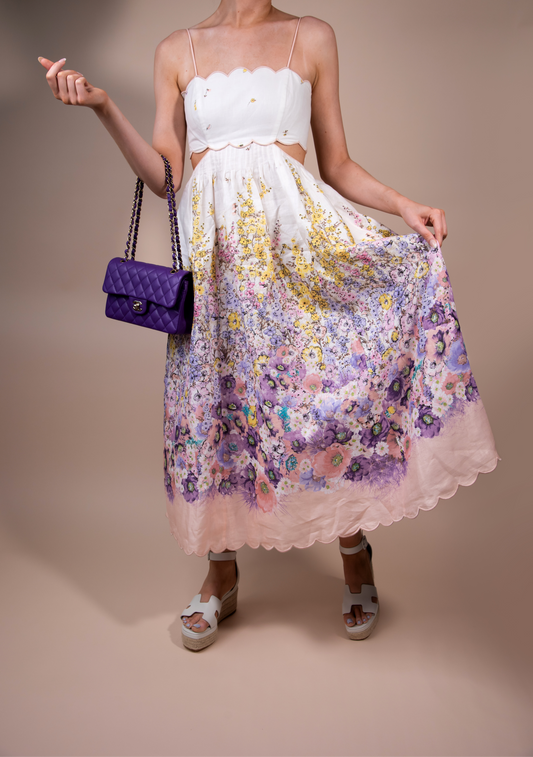 Zimmermann Jude Scallop Midi Dress with Chanel Purple Flap Bag