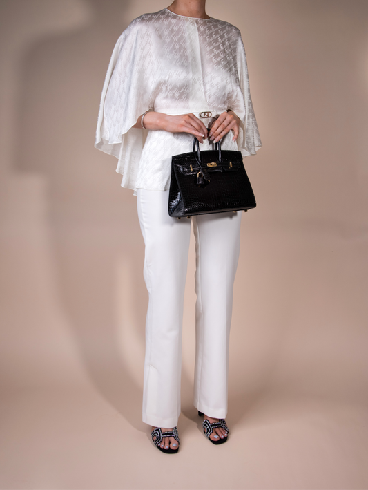 Fendi Logo-Jacquard Satin Flutter-Sleeve Top
