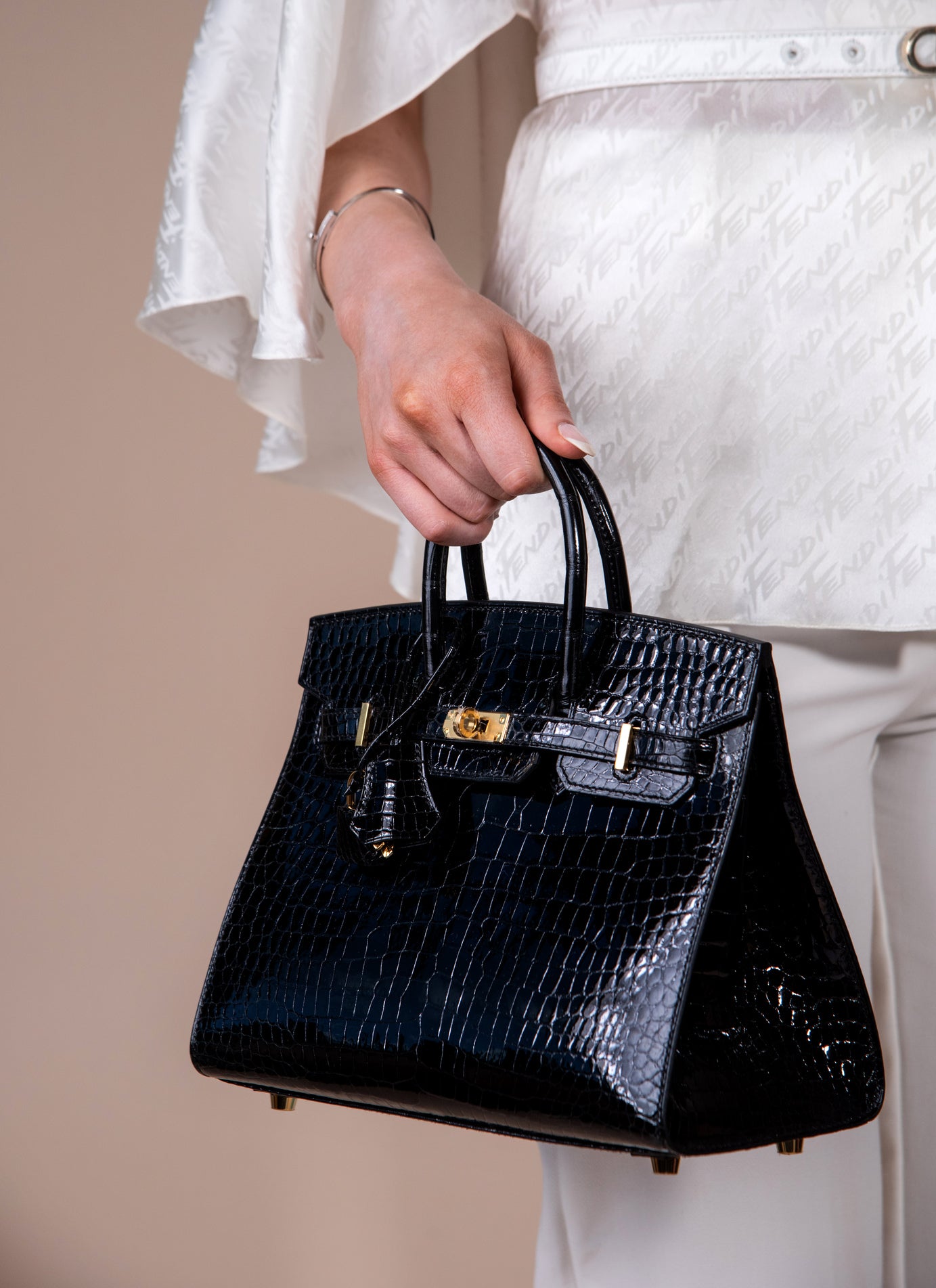 Fendi Logo-Jacquard Satin Flutter-Sleeve Top